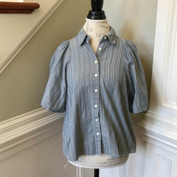 The GREAT Button Down Shirt Top Blouse Womens 1 Small Blue Short Sleeve Cotton - Picture 2 of 12